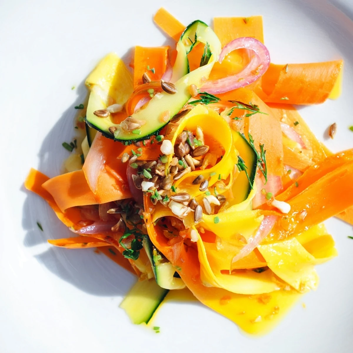 Fresh carrot ribbon salad tossed with zesty citrus dressing and herbs  