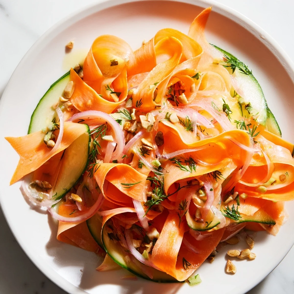Delicate carrot ribbons served with cucumber and tangy honey-mustard dressing  