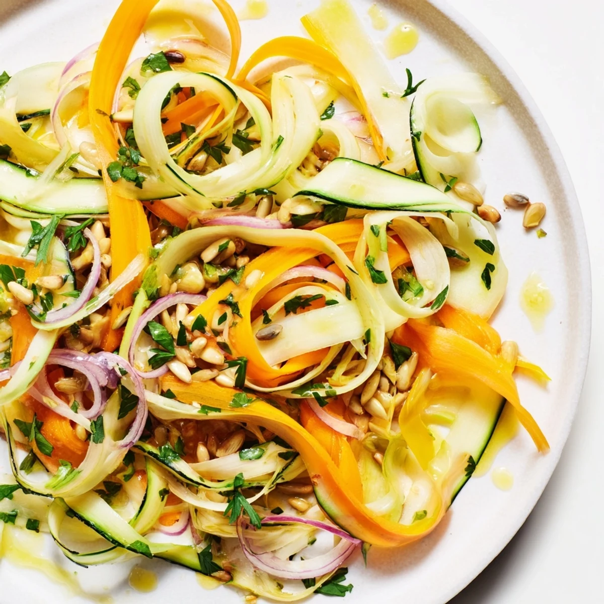 Vibrant carrot ribbon salad garnished with sunflower seeds and lemon zest