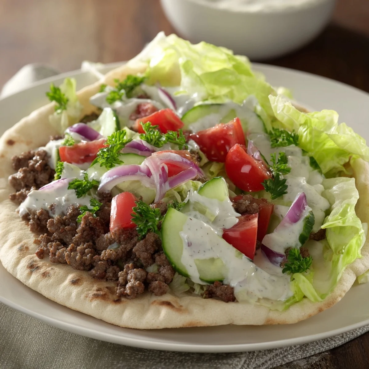 Savory seasoned beef stuffed inside warm pita bread with fresh tomato and cucumber salad.