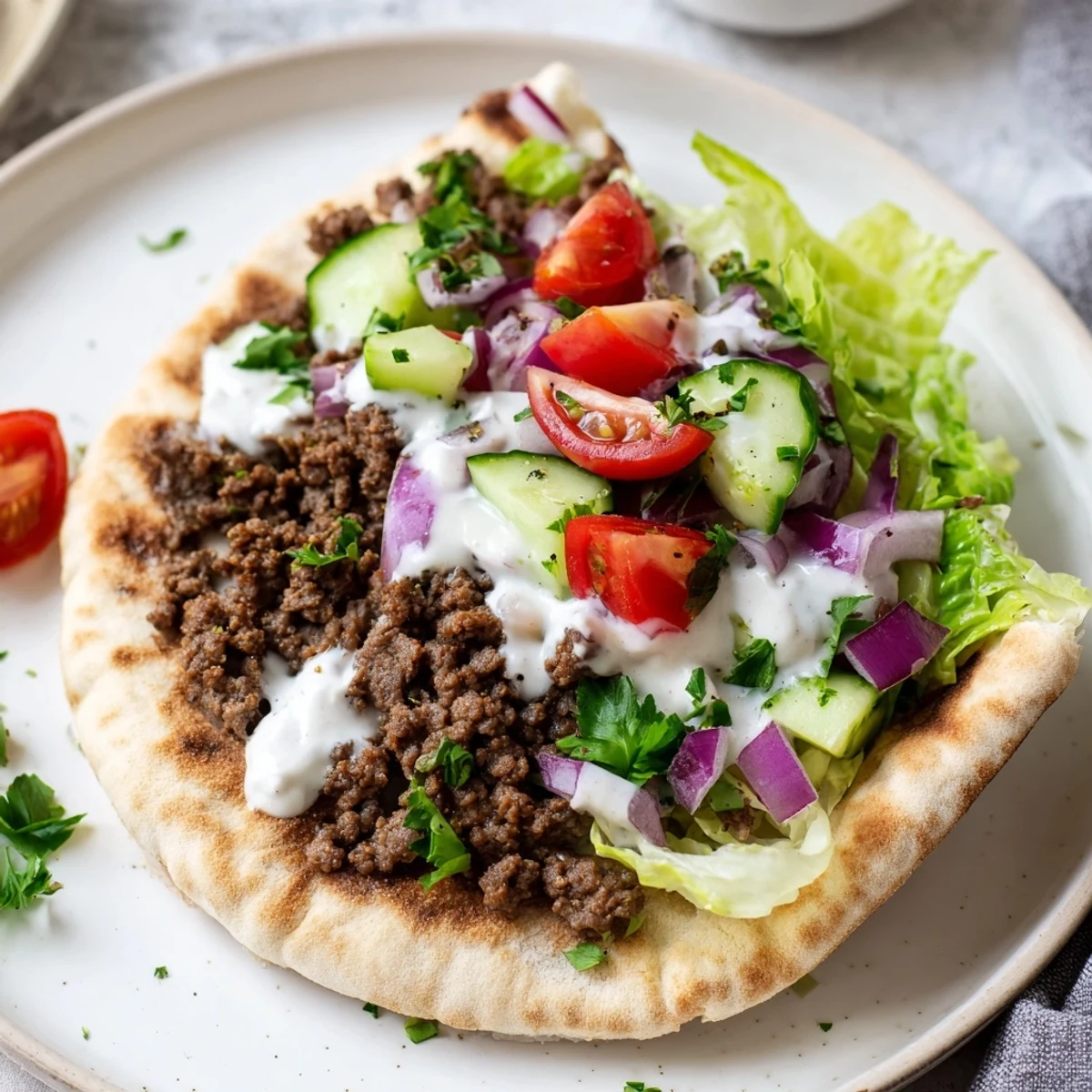 Golden Mediterranean ground beef pita pockets filled with crisp veggies and tangy yogurt sauce.