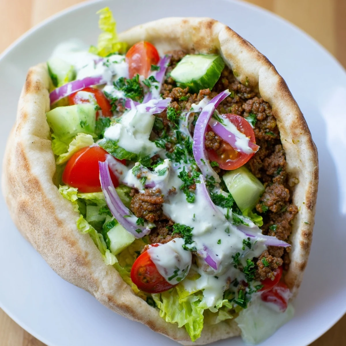 Delicious Mediterranean ground beef pita pockets drizzled with creamy garlic yogurt sauce and herbs.
