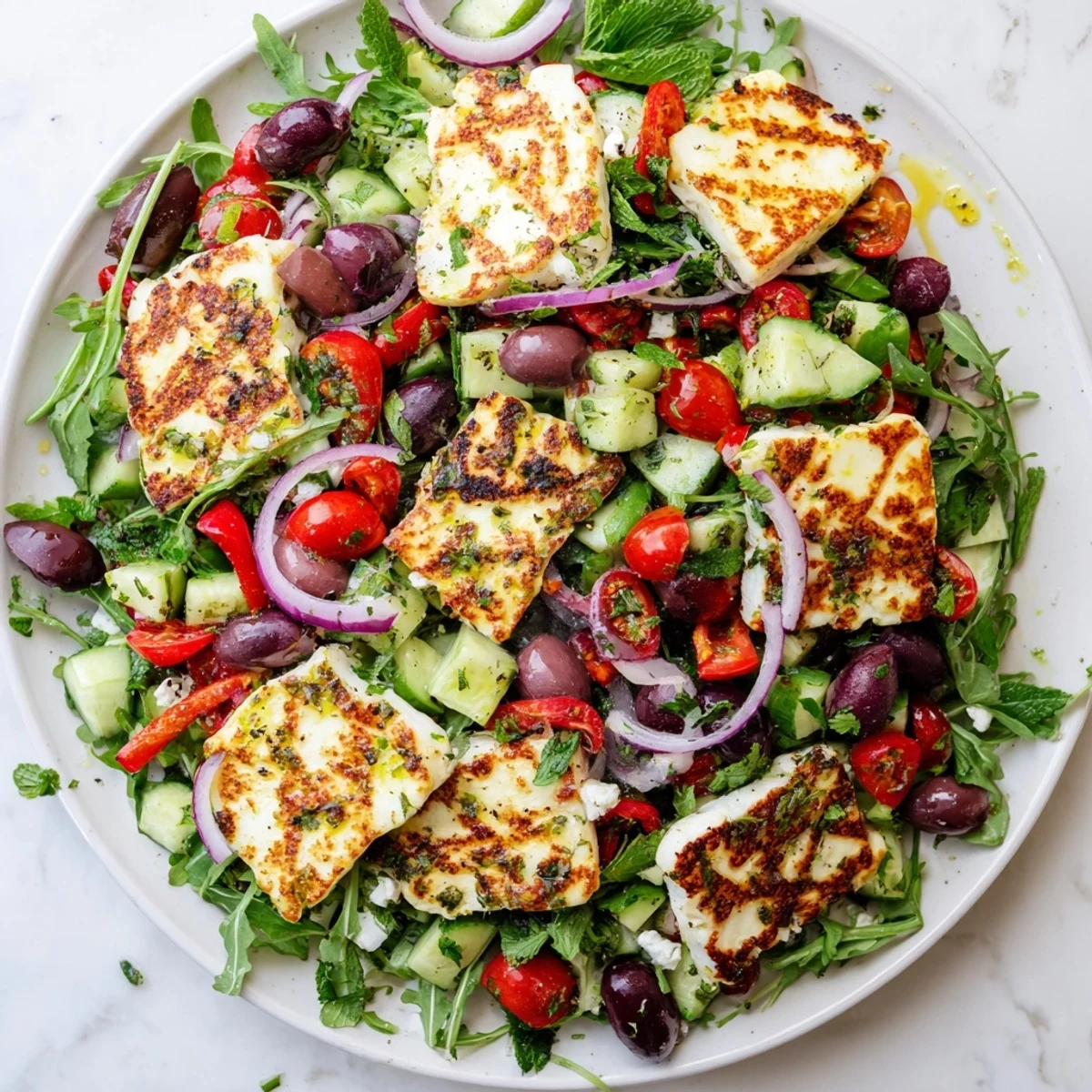 Golden grilled halloumi served over a fresh Mediterranean salad with herbs