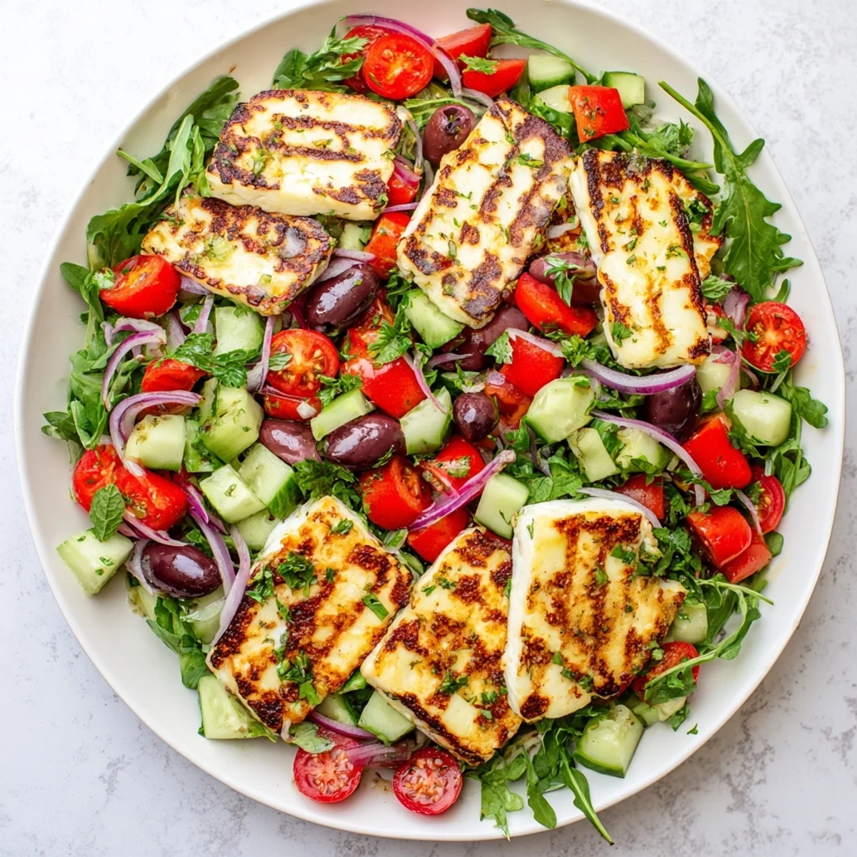 Warm grilled halloumi slices atop a colorful mix of Mediterranean vegetables