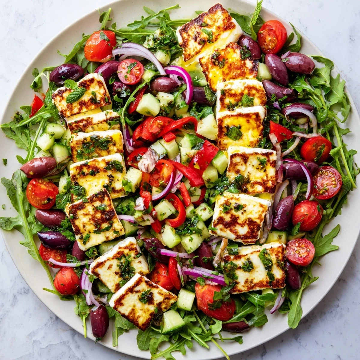 Crisp Mediterranean salad topped with perfectly grilled halloumi cheese and olives