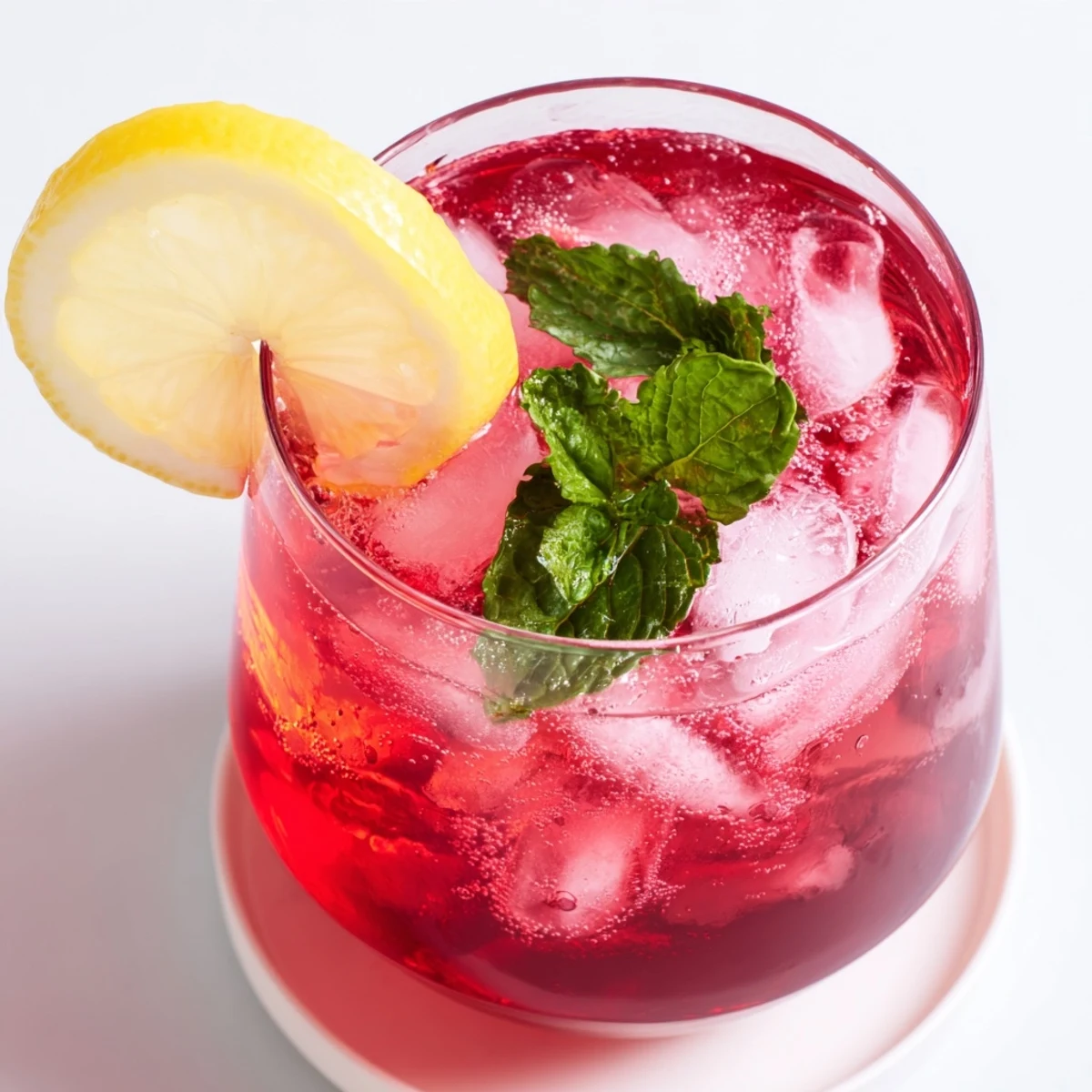 Refreshing Honey Lemon Pink Soda in a glass with ice and mint garnish.  