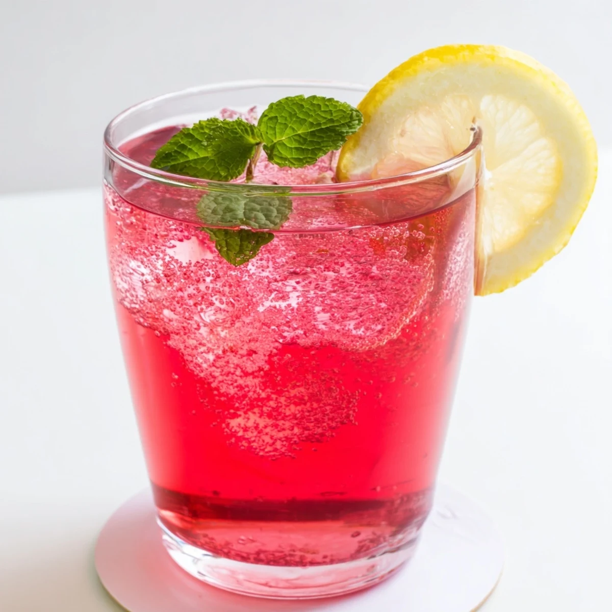 Vibrant pink drink poured over ice for a cooling Refreshing Honey Lemon Pink Soda.