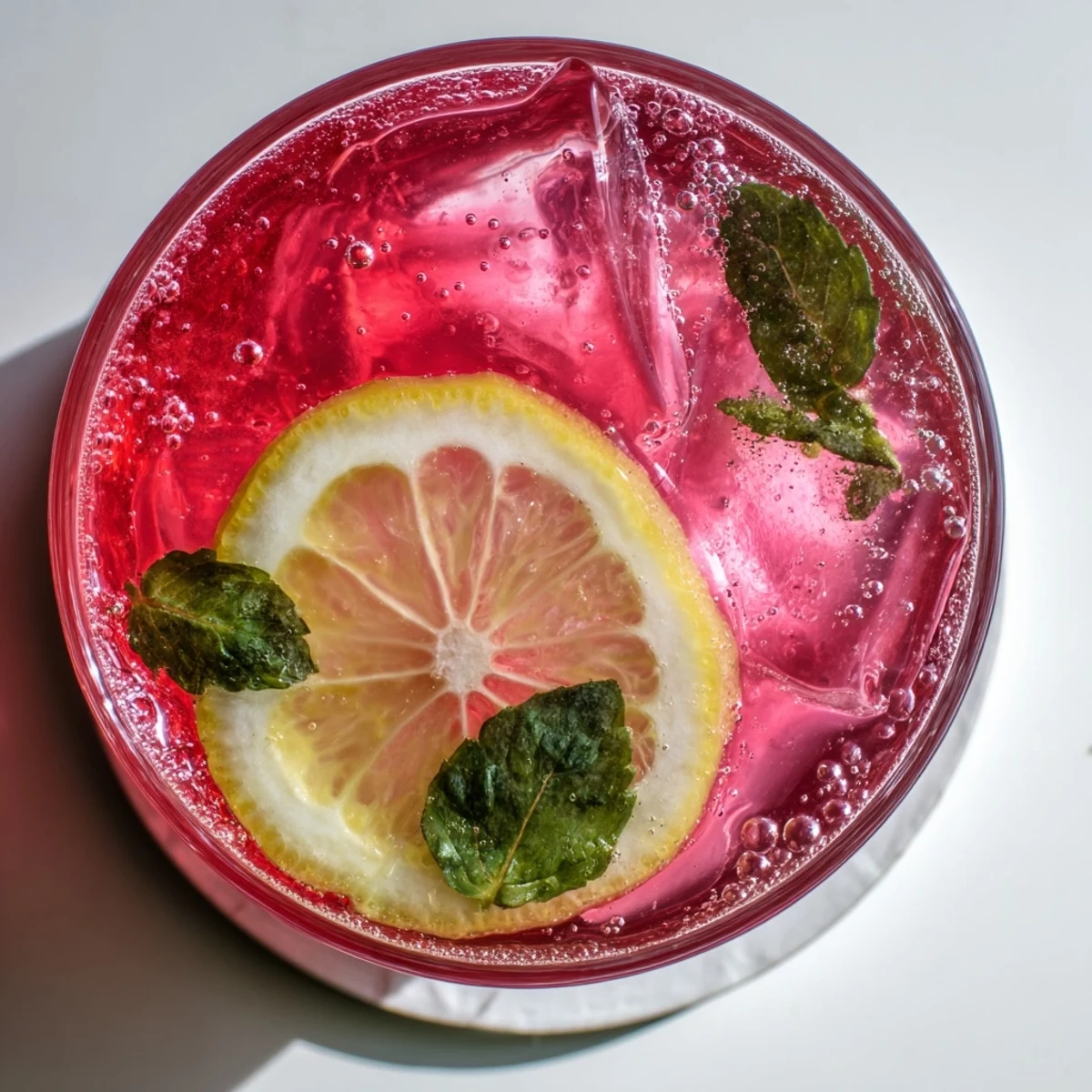 Garnished glass of bubbly Refreshing Honey Lemon Pink Soda with lemon slices.  