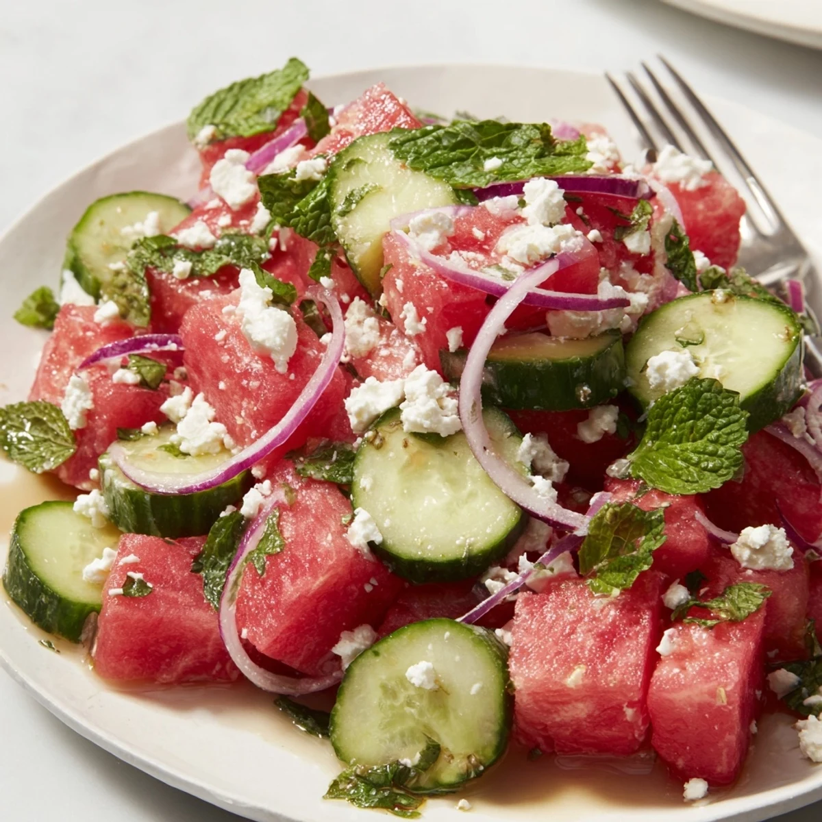 Fresh watermelon cucumber salad with mint and lime dressing in a bowl.