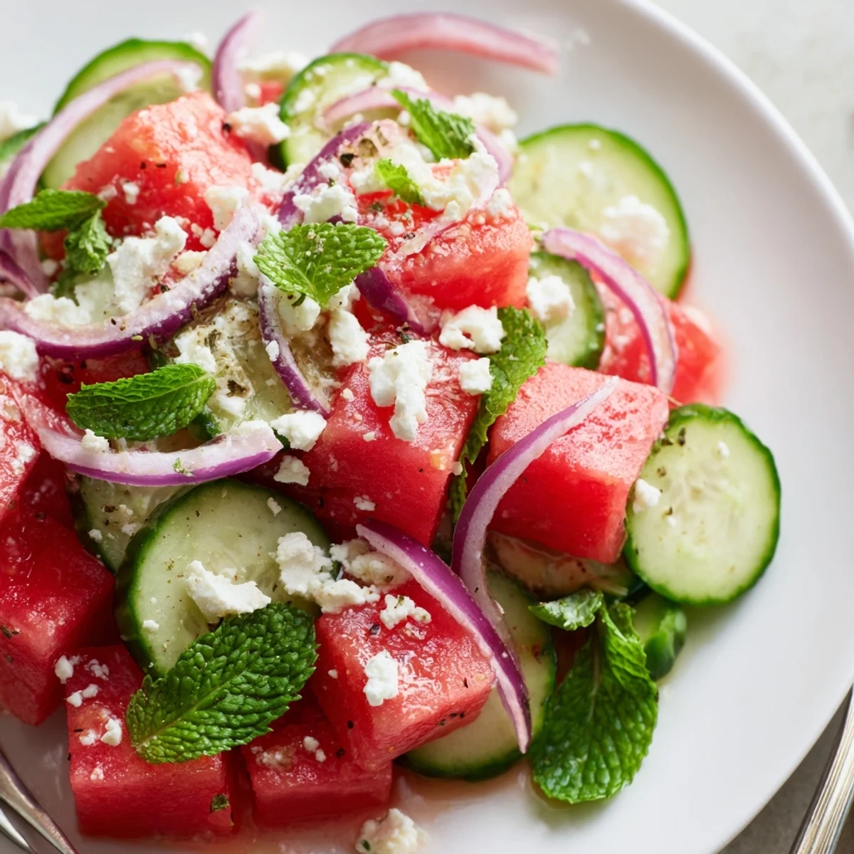 Crisp watermelon cucumber salad drizzled with tangy lime dressing and fresh mint.