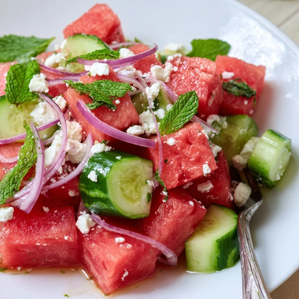 Juicy watermelon and crunchy cucumber salad topped with feta and red onion.