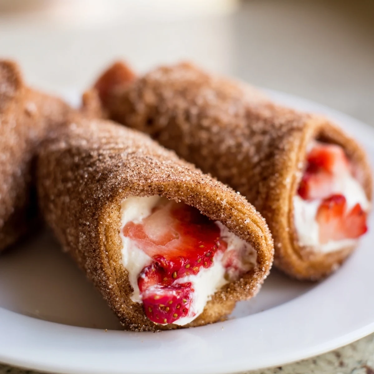 Crispy bread rolls stuffed with sweet strawberry cream cheese filling  