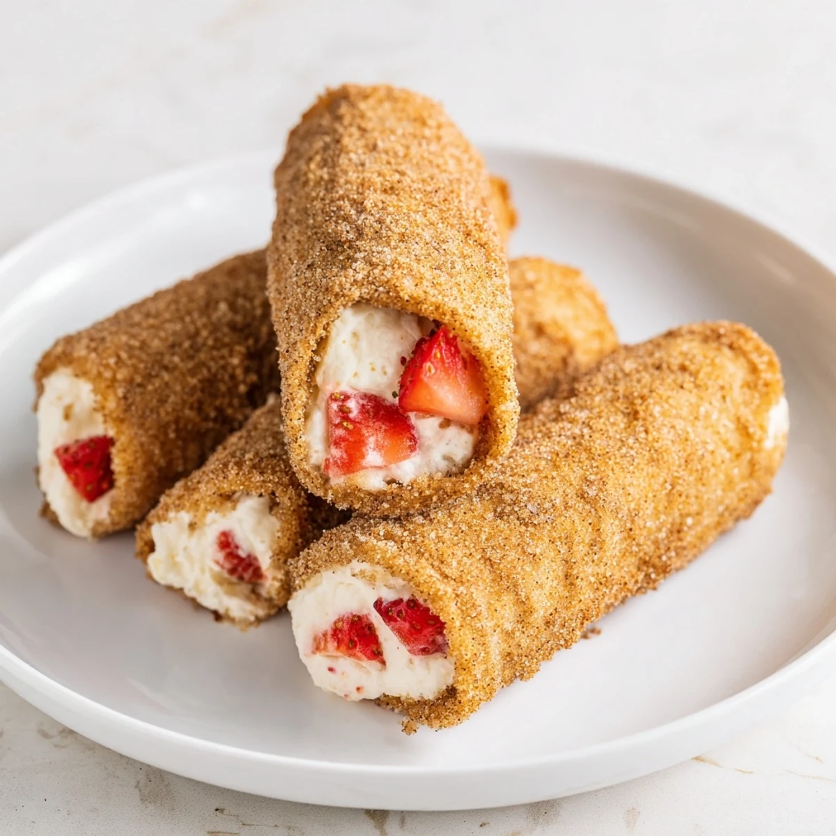 Warm Strawberry Cream Cheese Roll Ups served with fresh strawberries