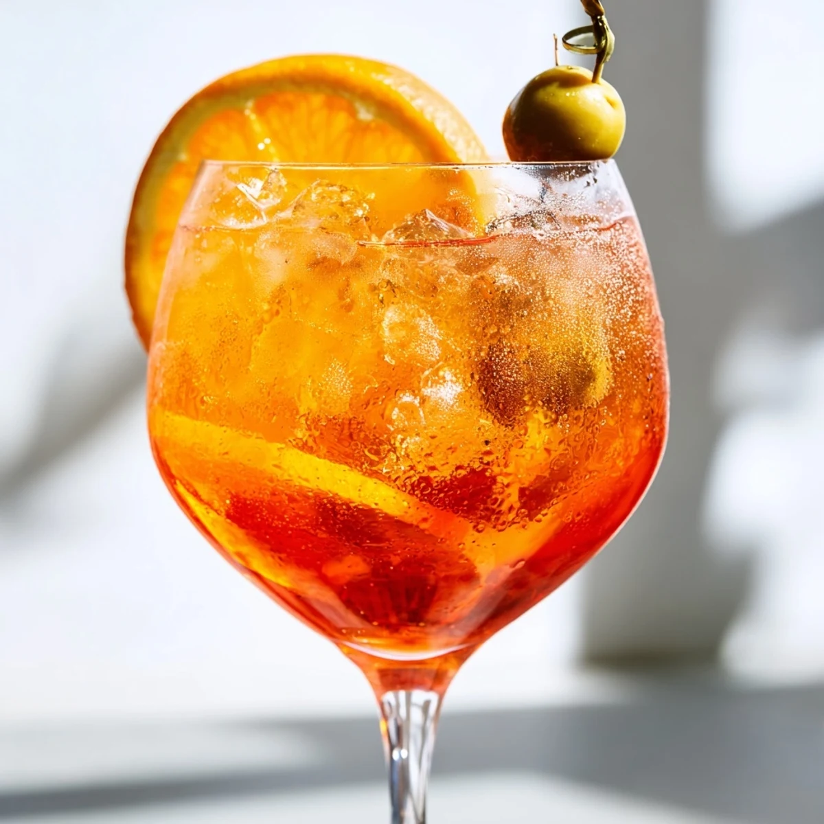 Golden Spritz Recipes aperitif garnished with orange and olive, perfect for summer toasts