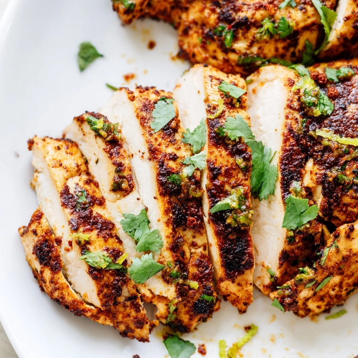 Pan-seared Cilantro Lime Chicken served over rice with a garnish of cilantro.  