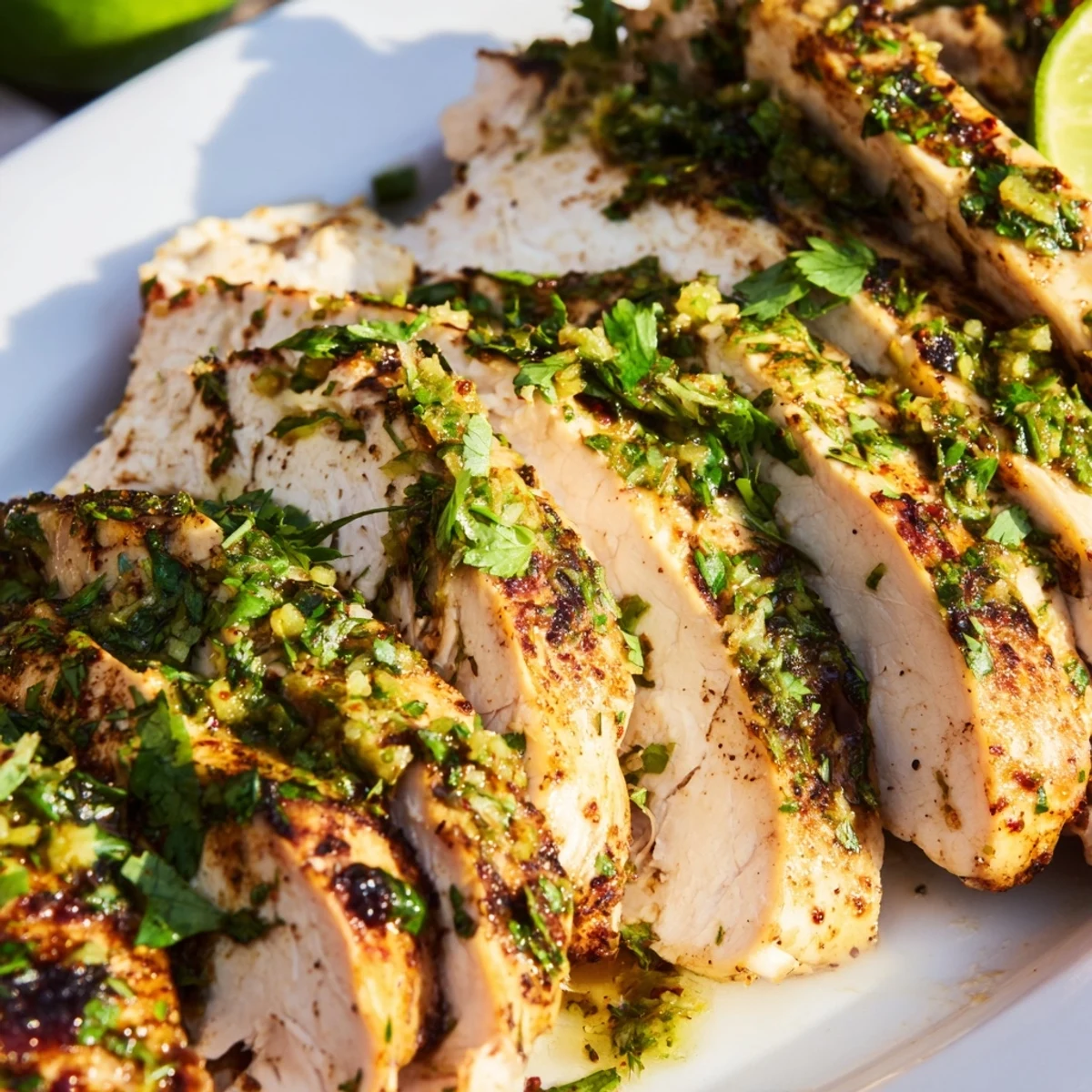 Grilled Cilantro Lime Chicken with fresh herbs and zesty lime wedges.  