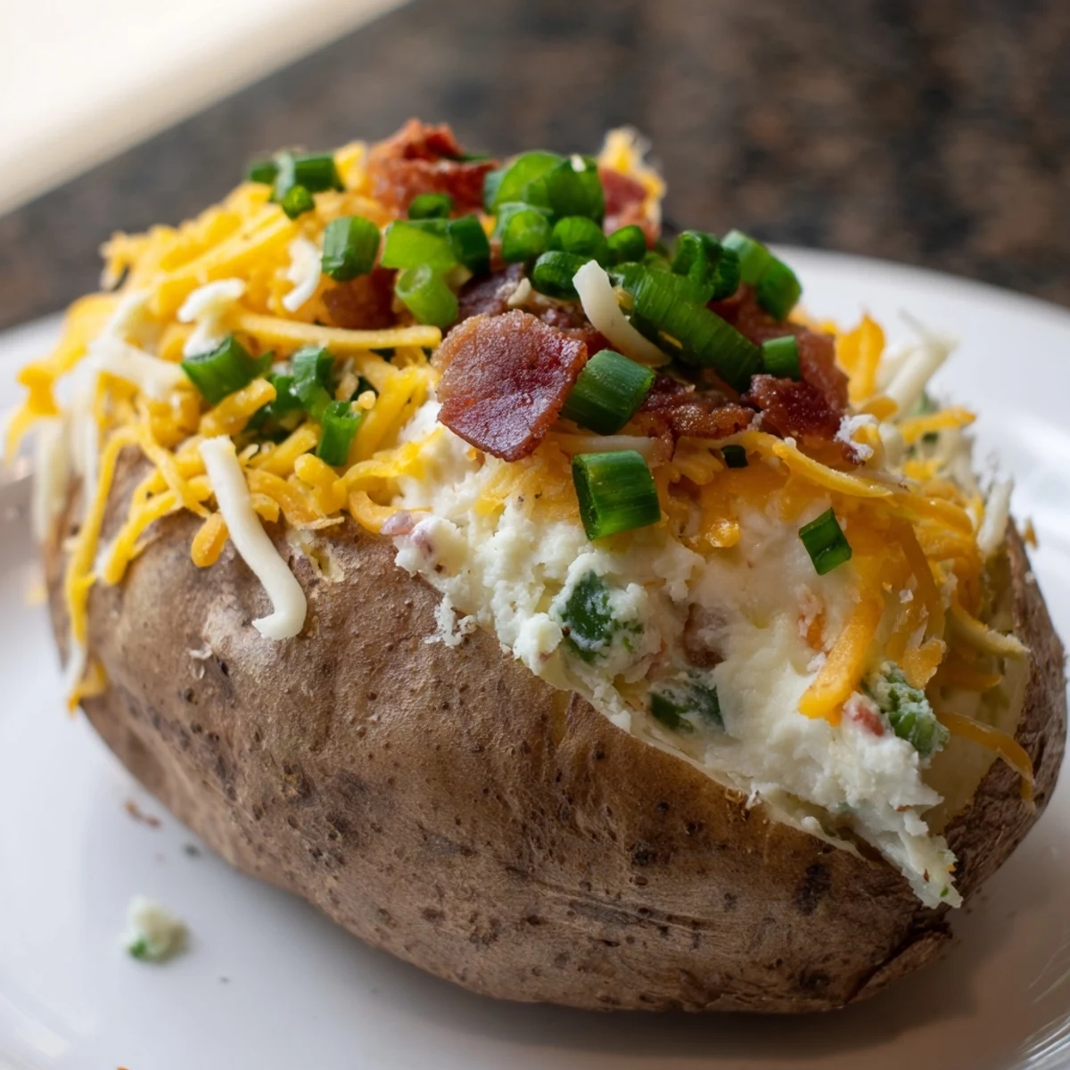 Creamy Jalapeno Popper Twice Baked Potatoes garnished with fresh chives and jalapeno slices.