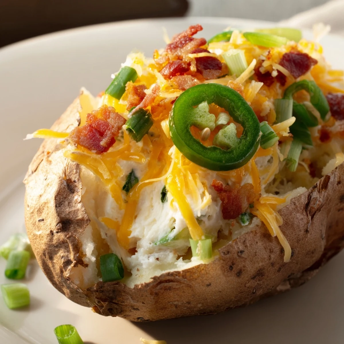 Golden and cheesy Jalapeno Popper Twice Baked Potatoes topped with crispy bacon bits.