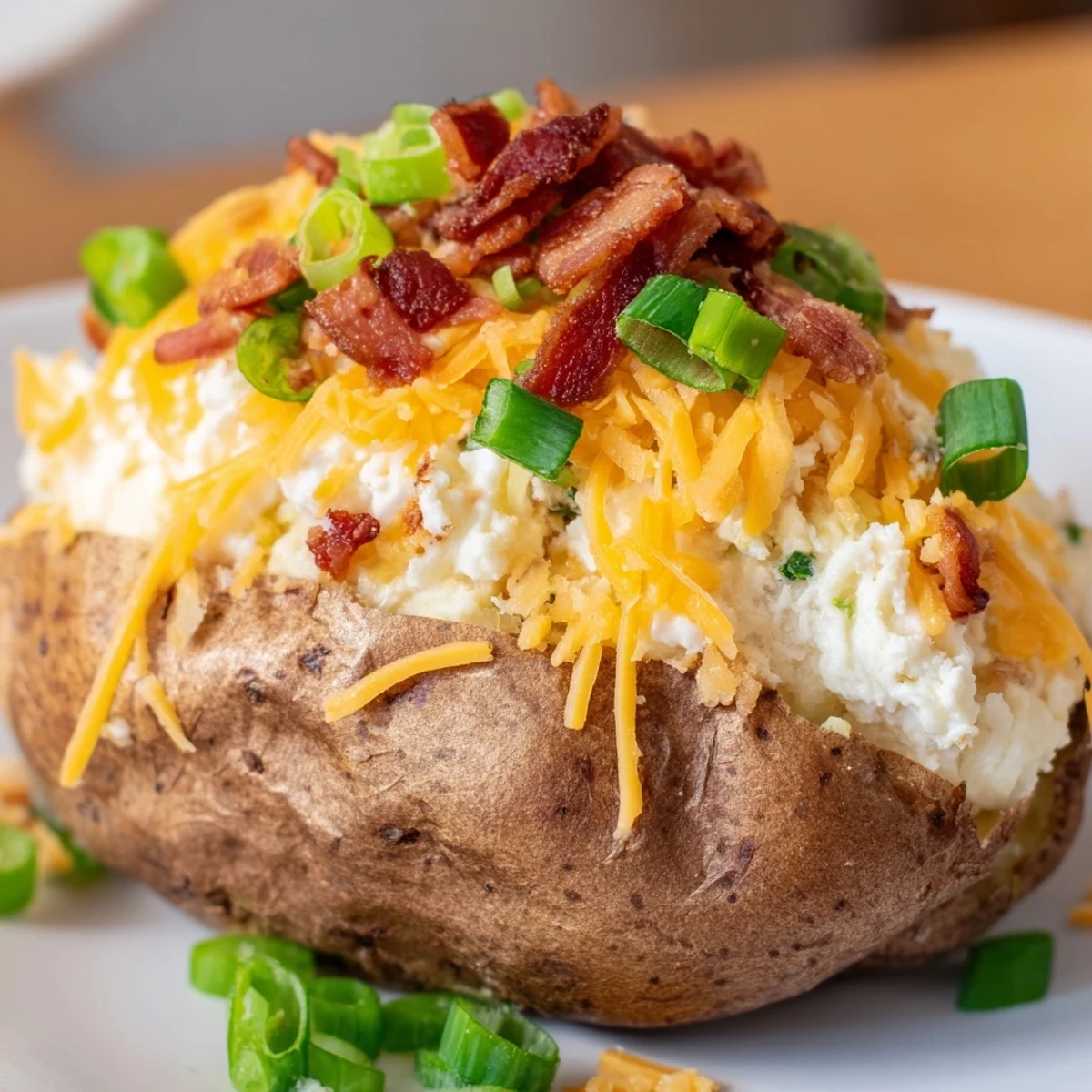 Bubbling cheddar and mozzarella over Jalapeno Popper Twice Baked Potatoes served on a white plate.