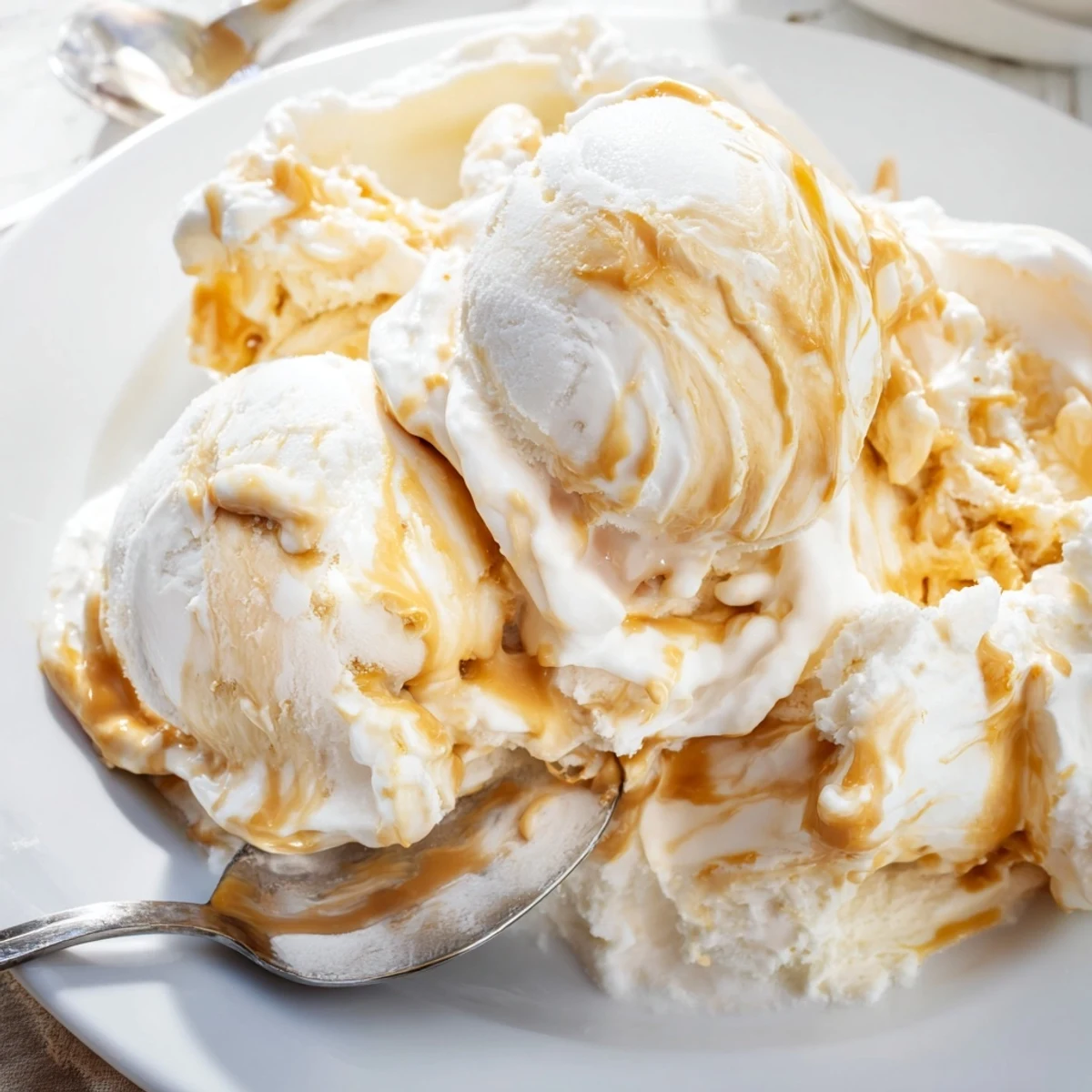Creamy homemade salted caramel ice cream served in a bowl with a spoon.  