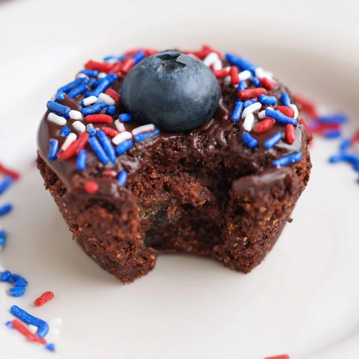 Bite-sized Fourth of July brownie bites drizzled with white glaze and patriotic decorations.  