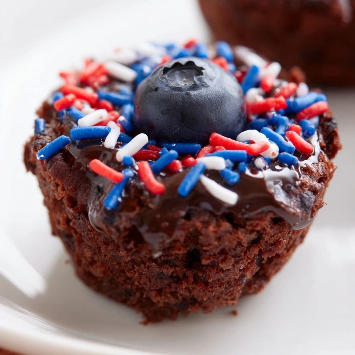 Festive Fourth of July brownie bites topped with red and blue sprinkles.  