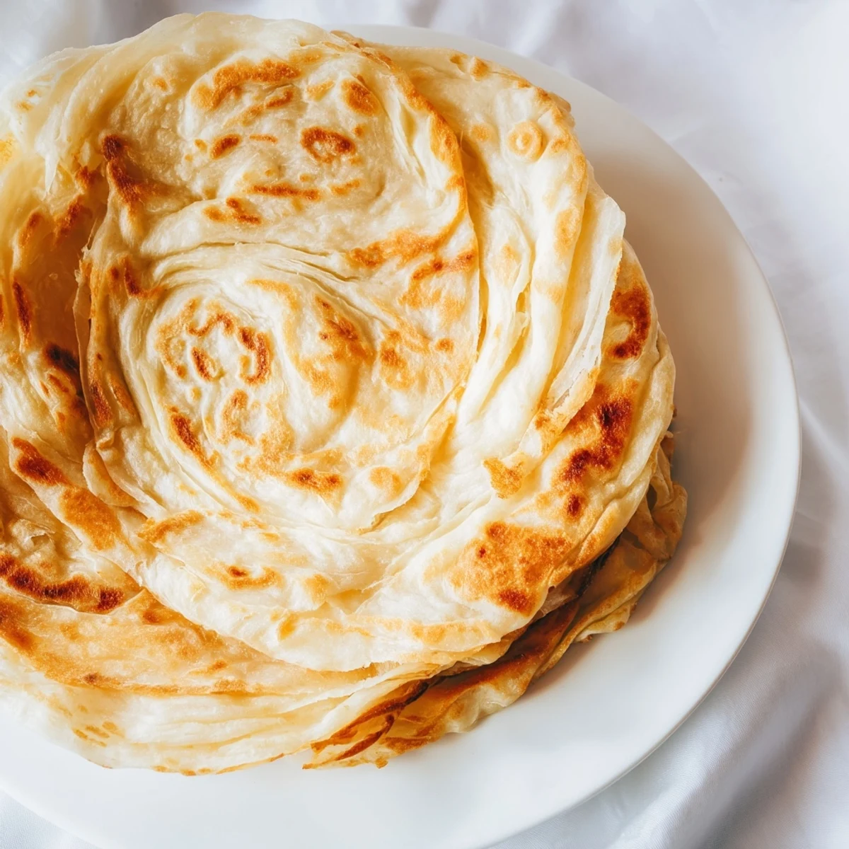 Hand-stretched Roti Canai showcasing its airy, light texture on a plate.