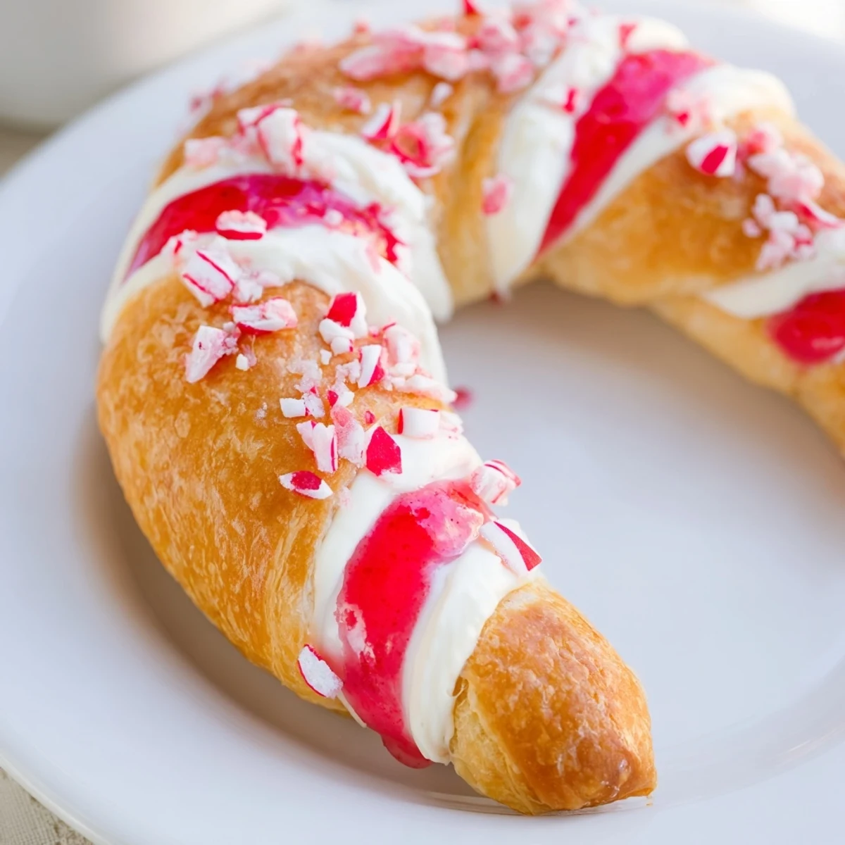 Festive candy cane crescent pastry drizzled with icing and crushed peppermint.  