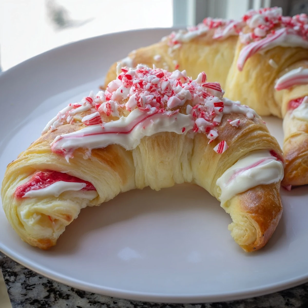 Golden candy cane crescent filled with cream cheese and sweet strawberry preserves.  