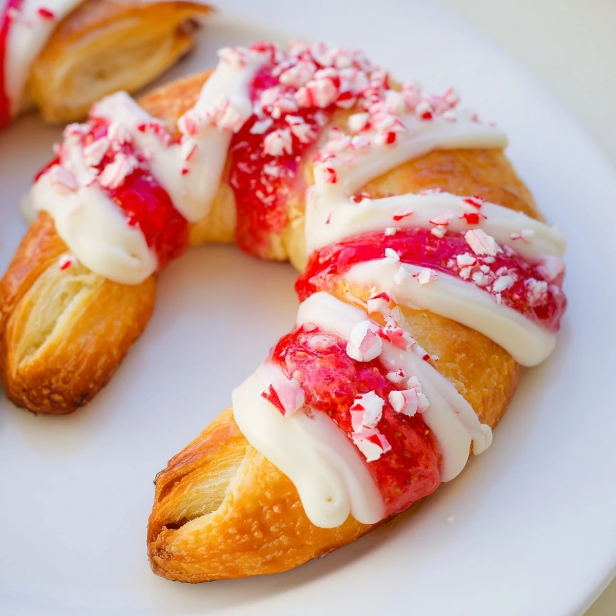 Holiday breakfast treat featuring candy cane crescent topped with red sanding sugar.