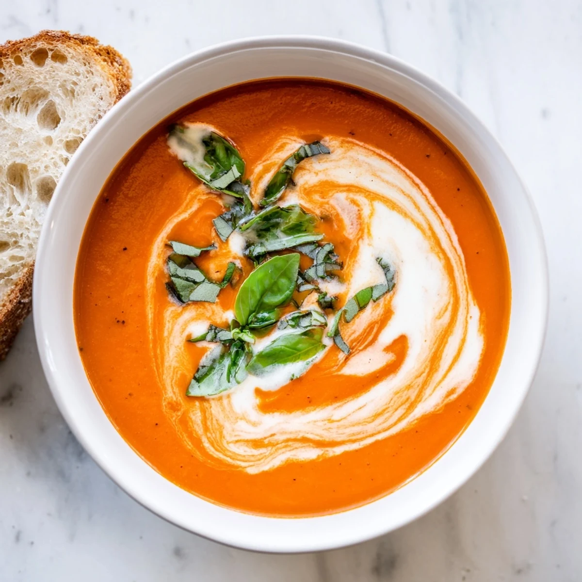 Bowl of creamy roasted tomato basil soup garnished with fresh basil leaves.
