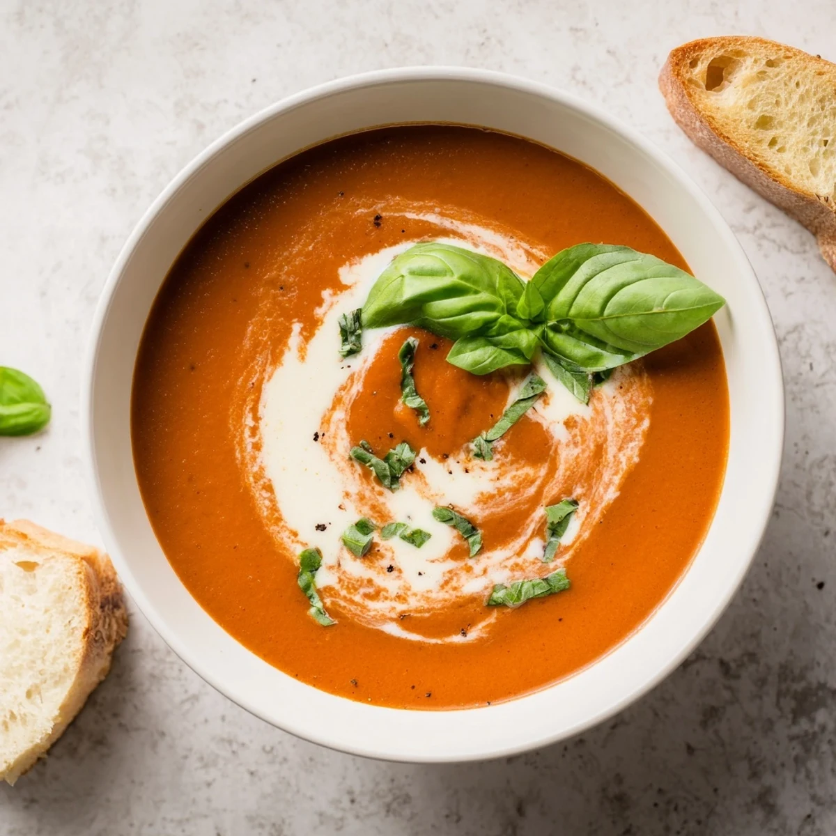 Velvety homemade roasted tomato basil soup served with crusty bread for dipping.