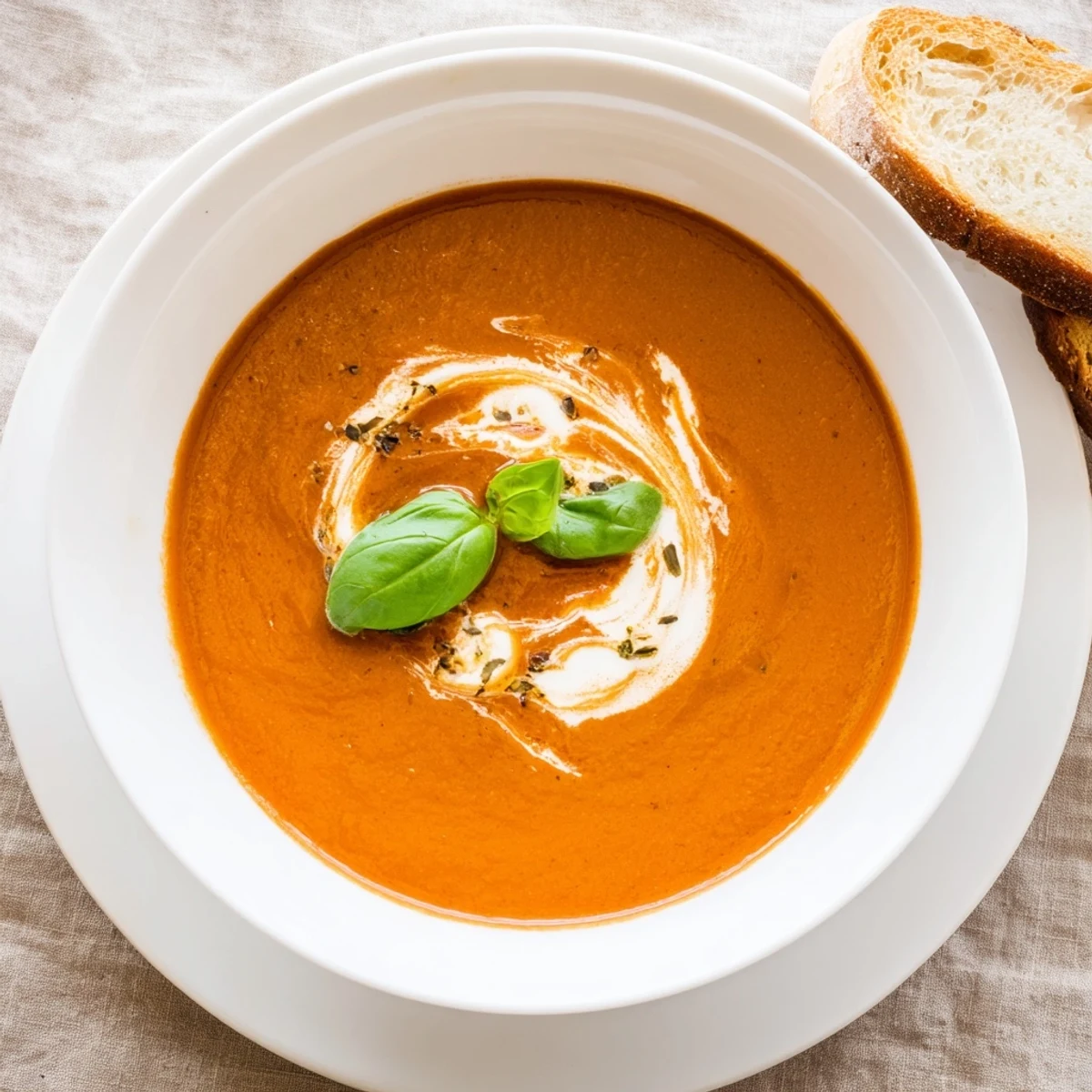 Rich orange roasted tomato basil soup steaming in a white ceramic bowl.