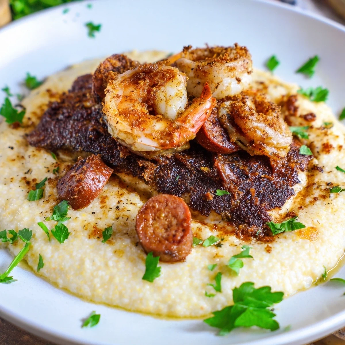 Sizzling blackened Cajun catfish with shrimp and sausage served over creamy cheese grits  