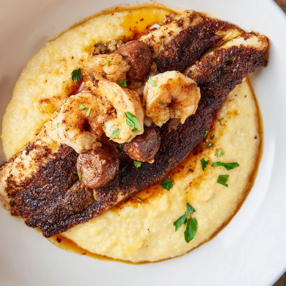 Hearty plate of blackened Cajun catfish topped with shrimp and spicy andouille sausage  