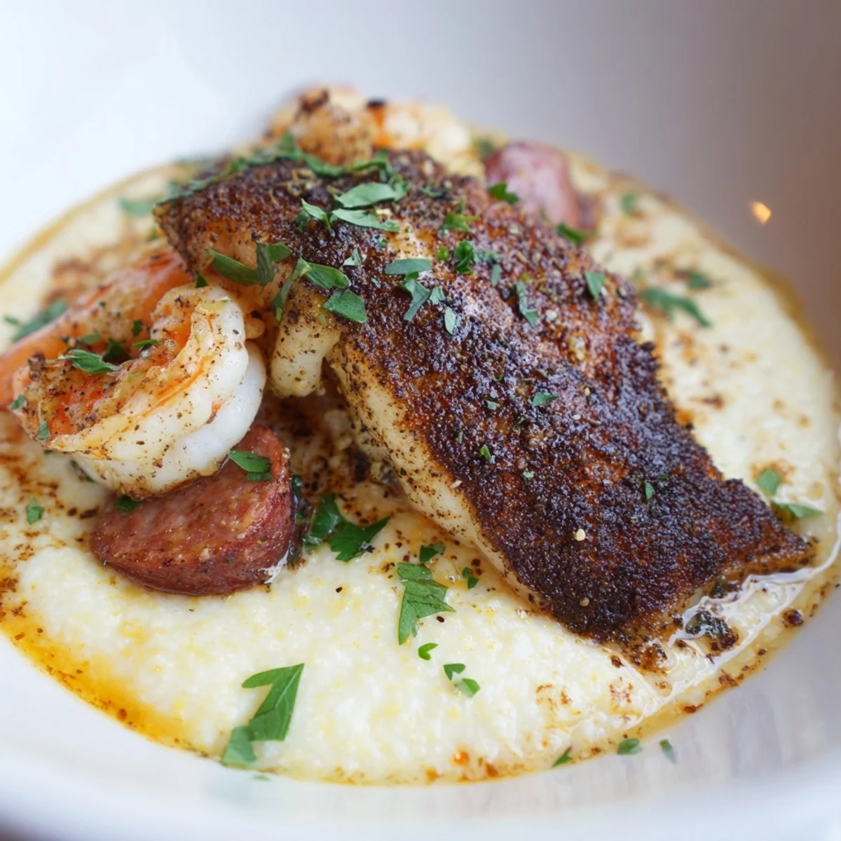 Creamy cheese grits bowl piled high with spicy blackened catfish and Cajun shrimp