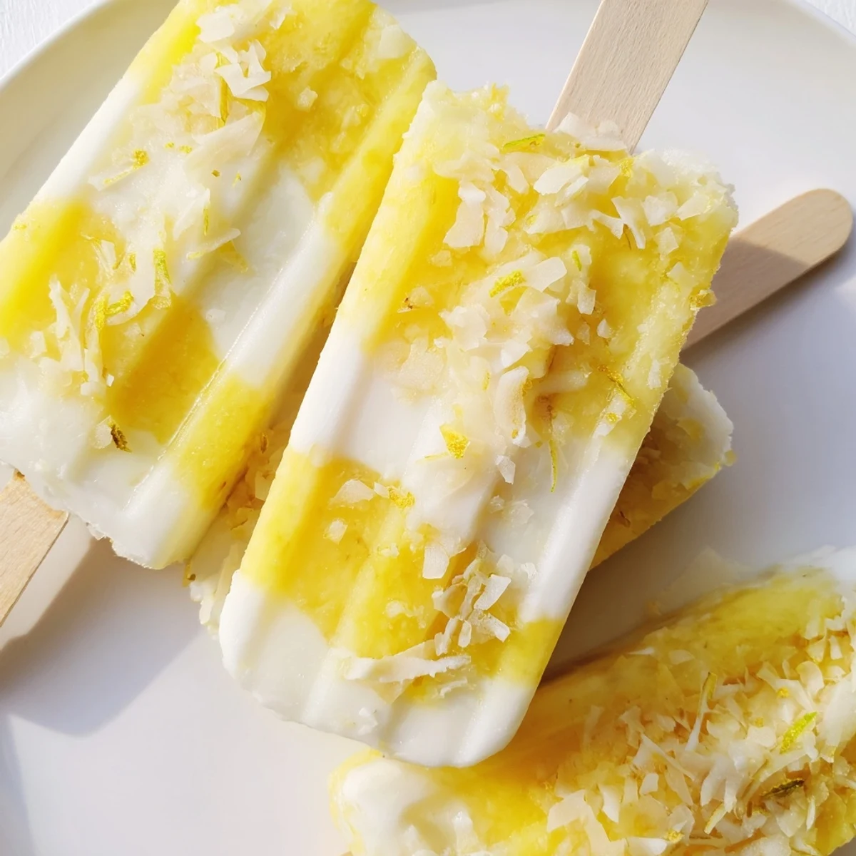 Golden marbled Pineapple Coconut Lime Popsicles dripping with sweet tropical layers on a sunny day