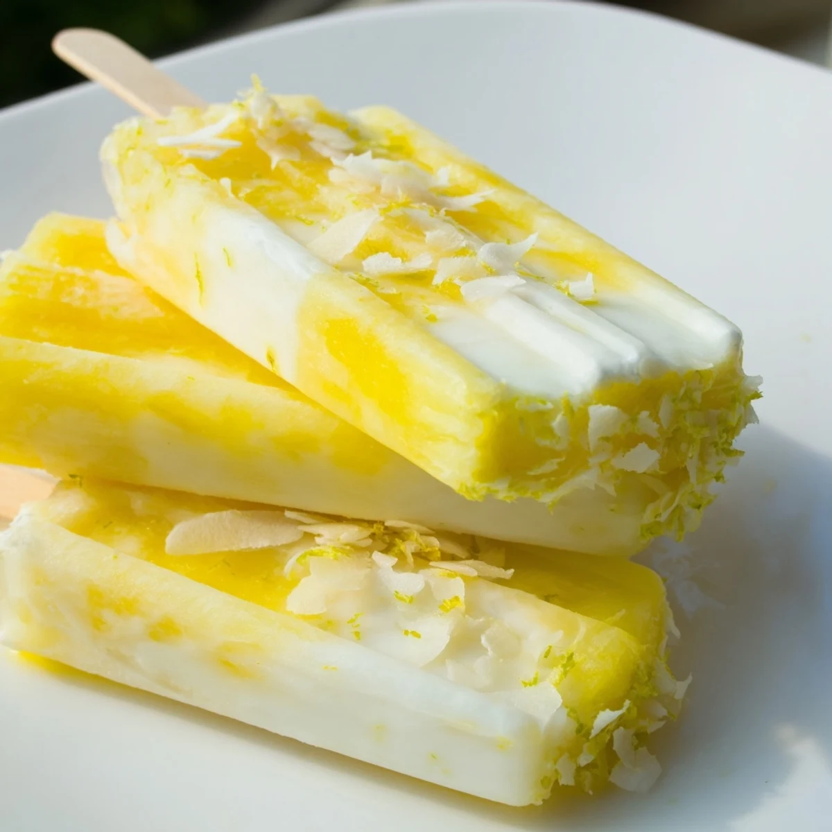 Creamy vegan Pineapple Coconut Lime Popsicles garnished with fresh lime zest and shredded coconut