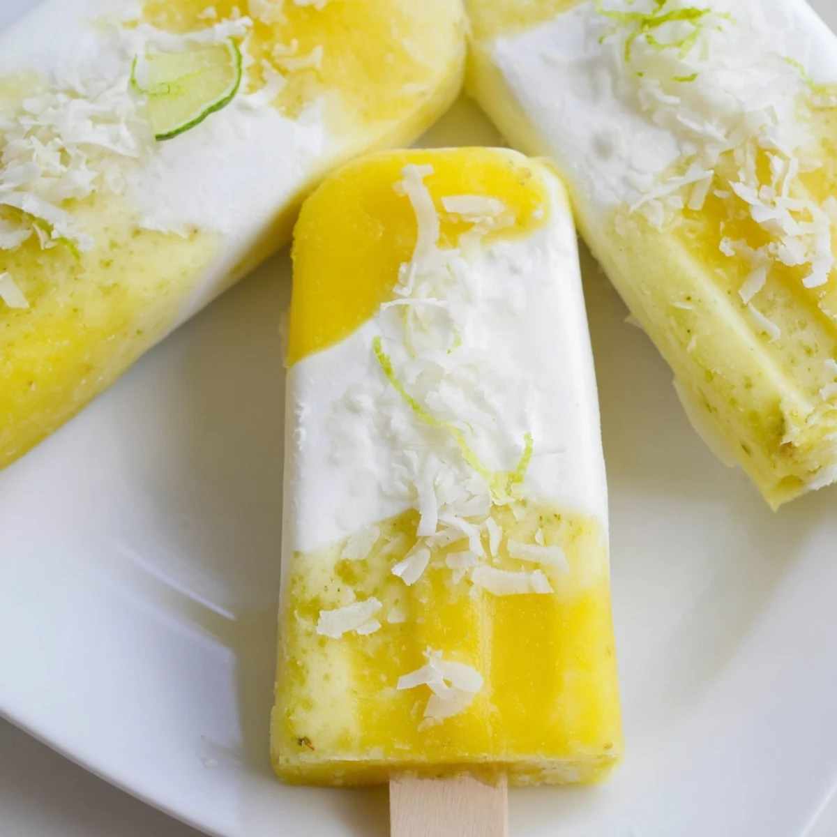 Frozen Pineapple Coconut Lime Popsicles featuring vibrant swirled pineapple puree and rich coconut milk