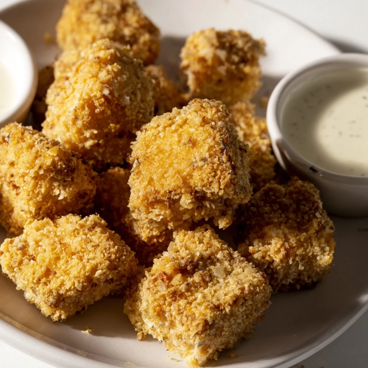 Golden crispy tofu fried chicken pieces served hot with dipping sauce  