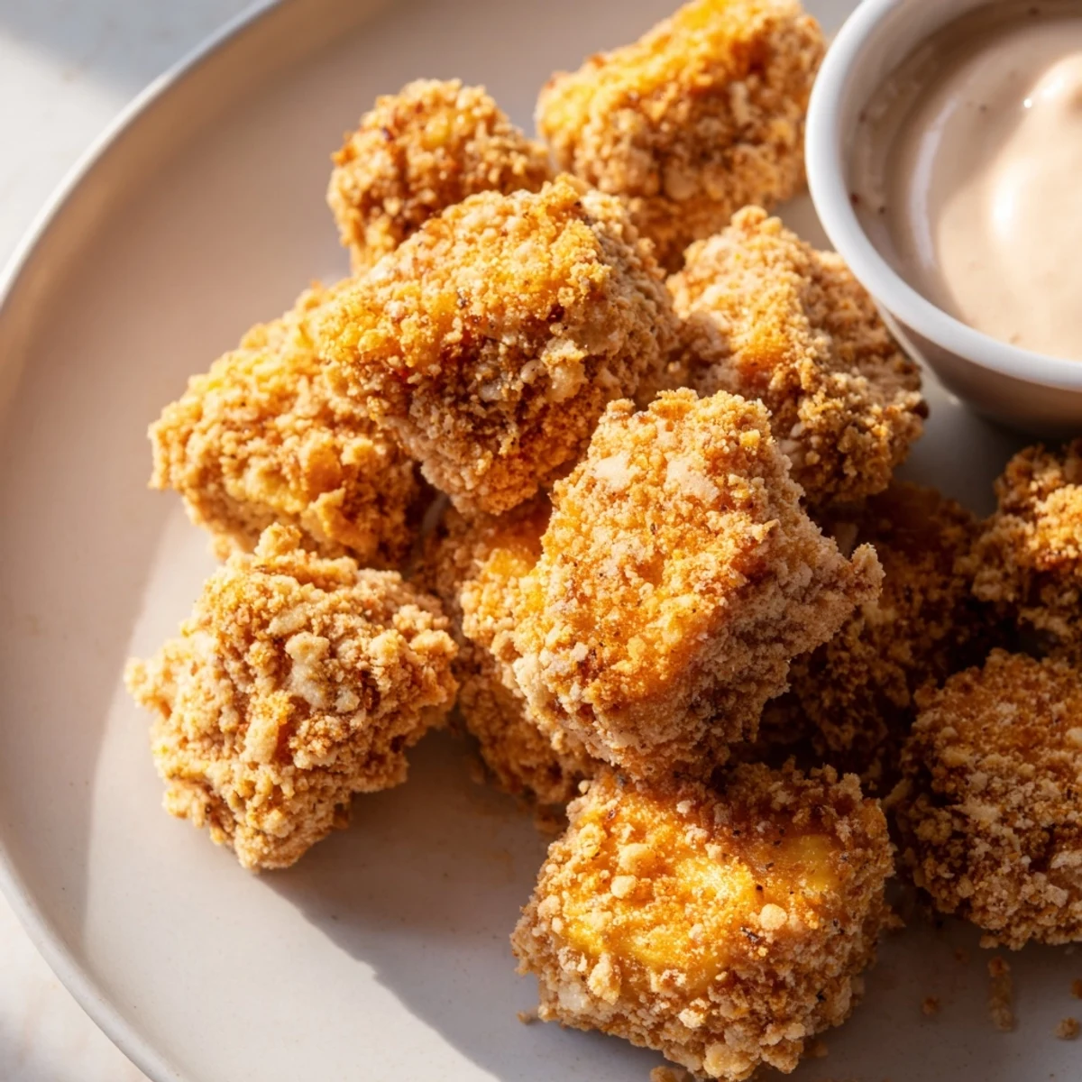 Perfectly fried tofu chicken nuggets on a plate ready for dipping