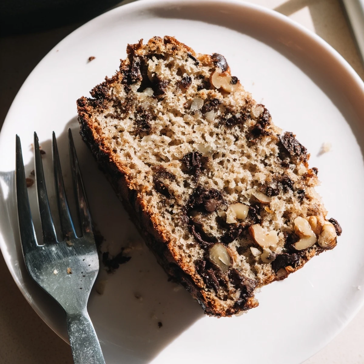 Moist one bowl banana bread with chocolate chips sliced for serving  