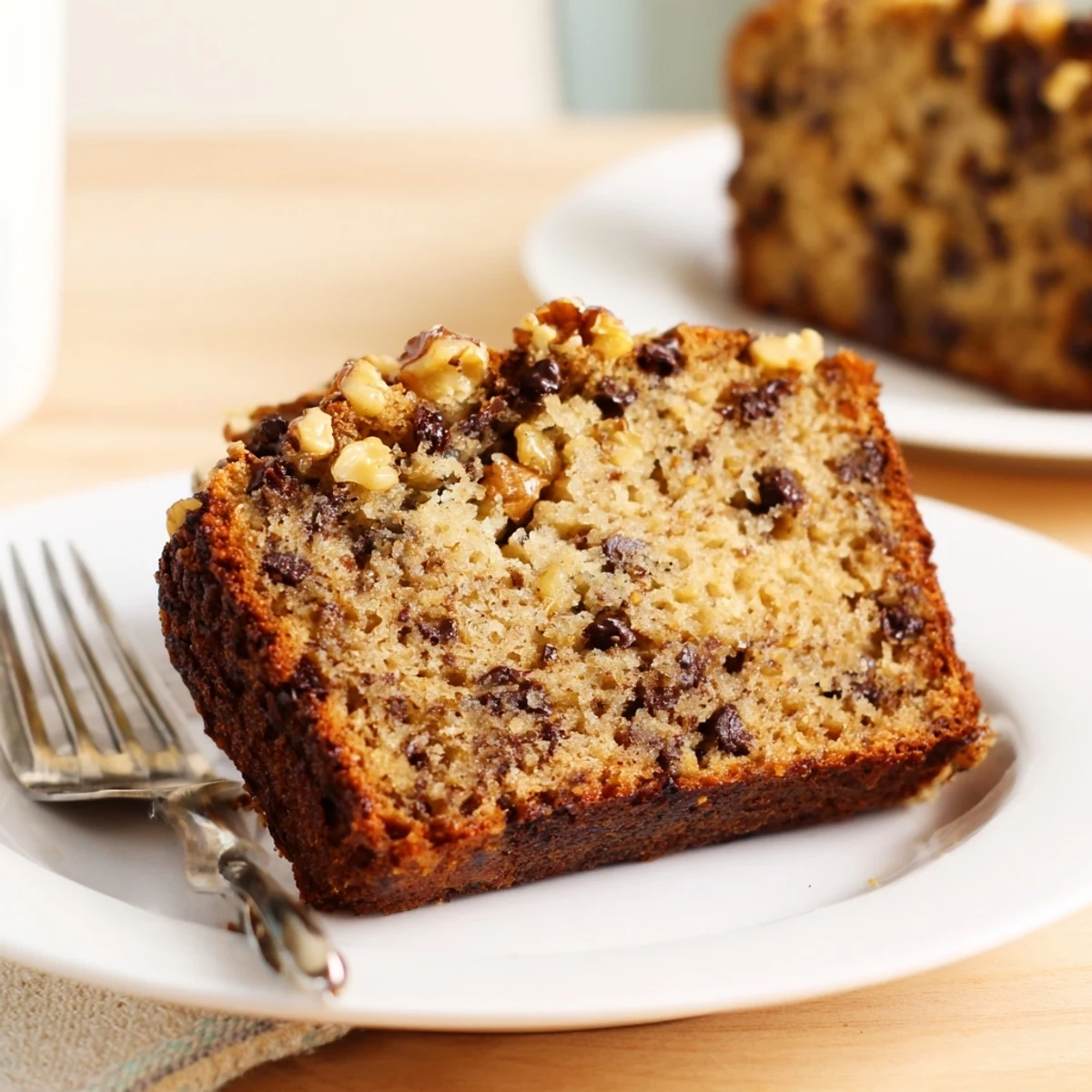 Golden loaf of one bowl banana bread with chocolate chips inside  
