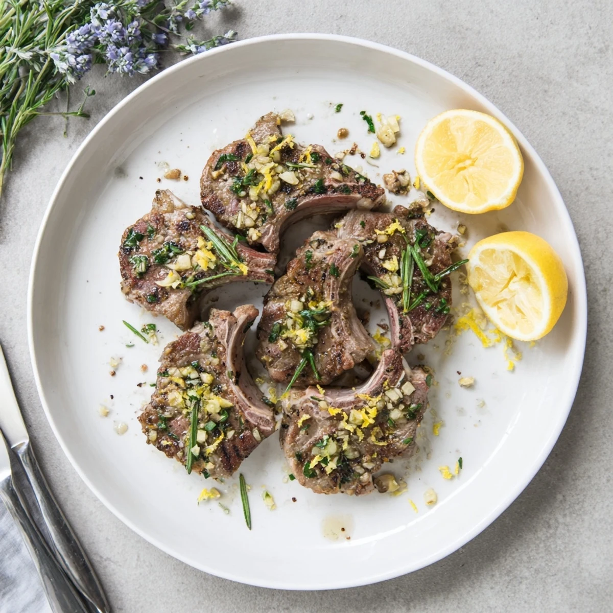 Pan-seared herb garlic lamb chops with a golden, savory crust.  