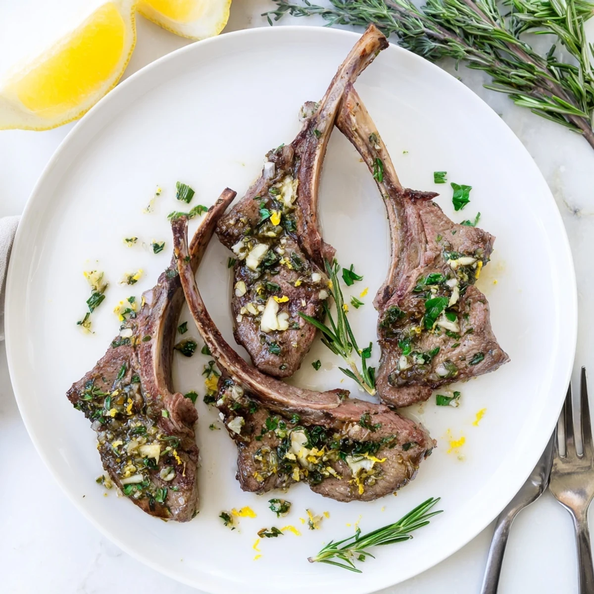 Tender herb garlic lamb chops plated with fresh lemon wedges.  