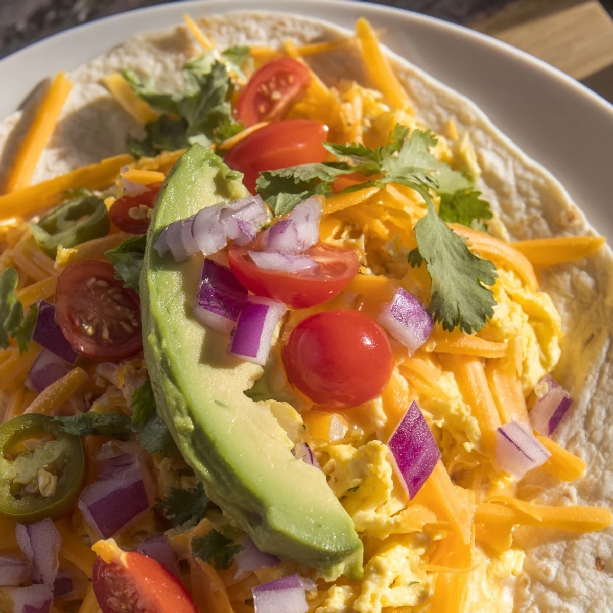 Fluffy scrambled eggs and fresh veggies fill this breakfast tacos recipe.  