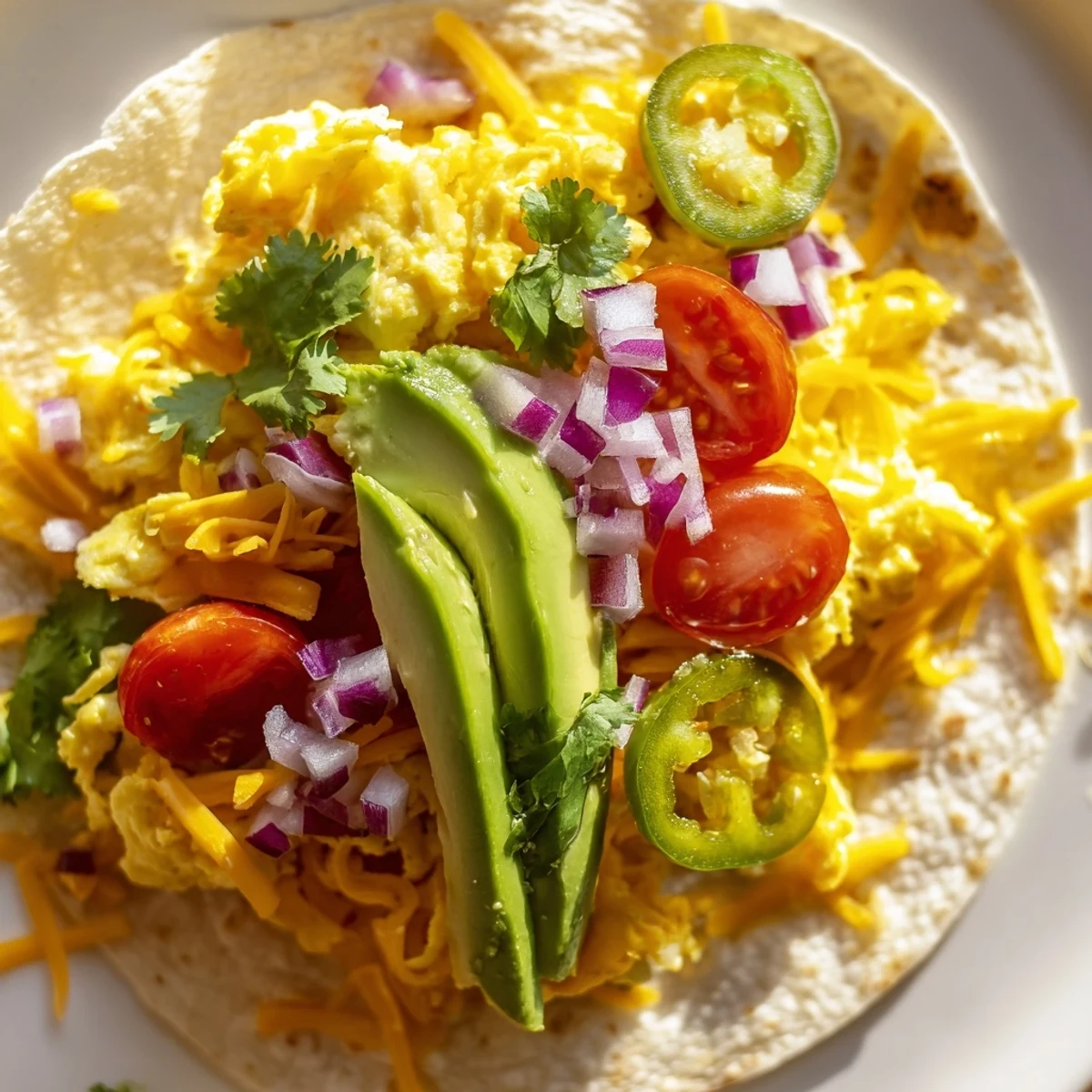 Soft tortillas loaded with avocado and cheese in a breakfast tacos recipe.  