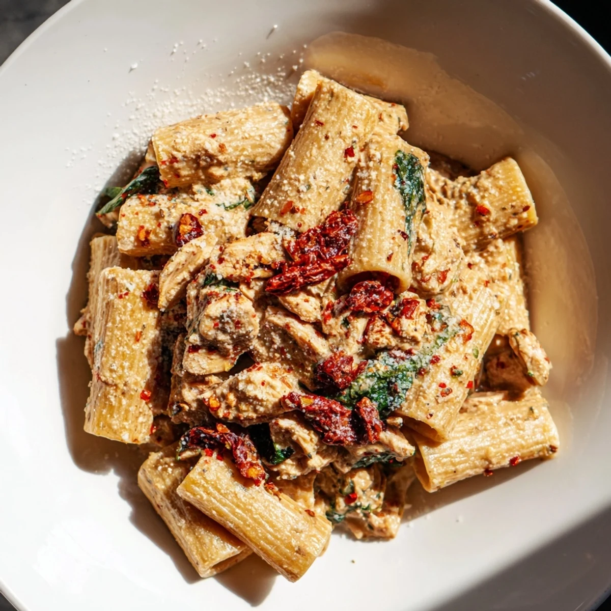 Golden chicken pasta with sun-dried tomatoes in a rich, creamy one pan sauce.