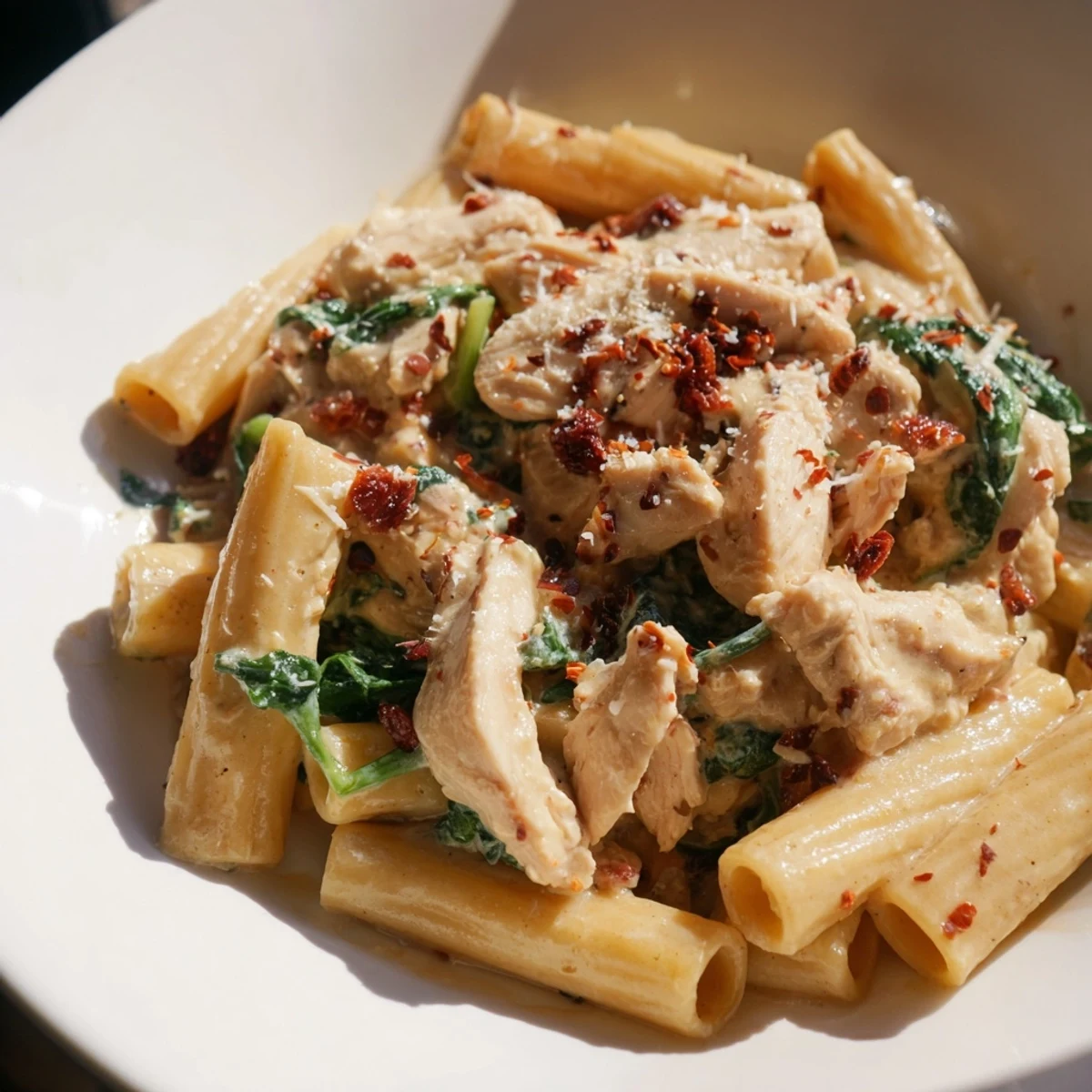Creamy one pan Tuscan chicken pasta topped with Parmesan and fresh spinach.