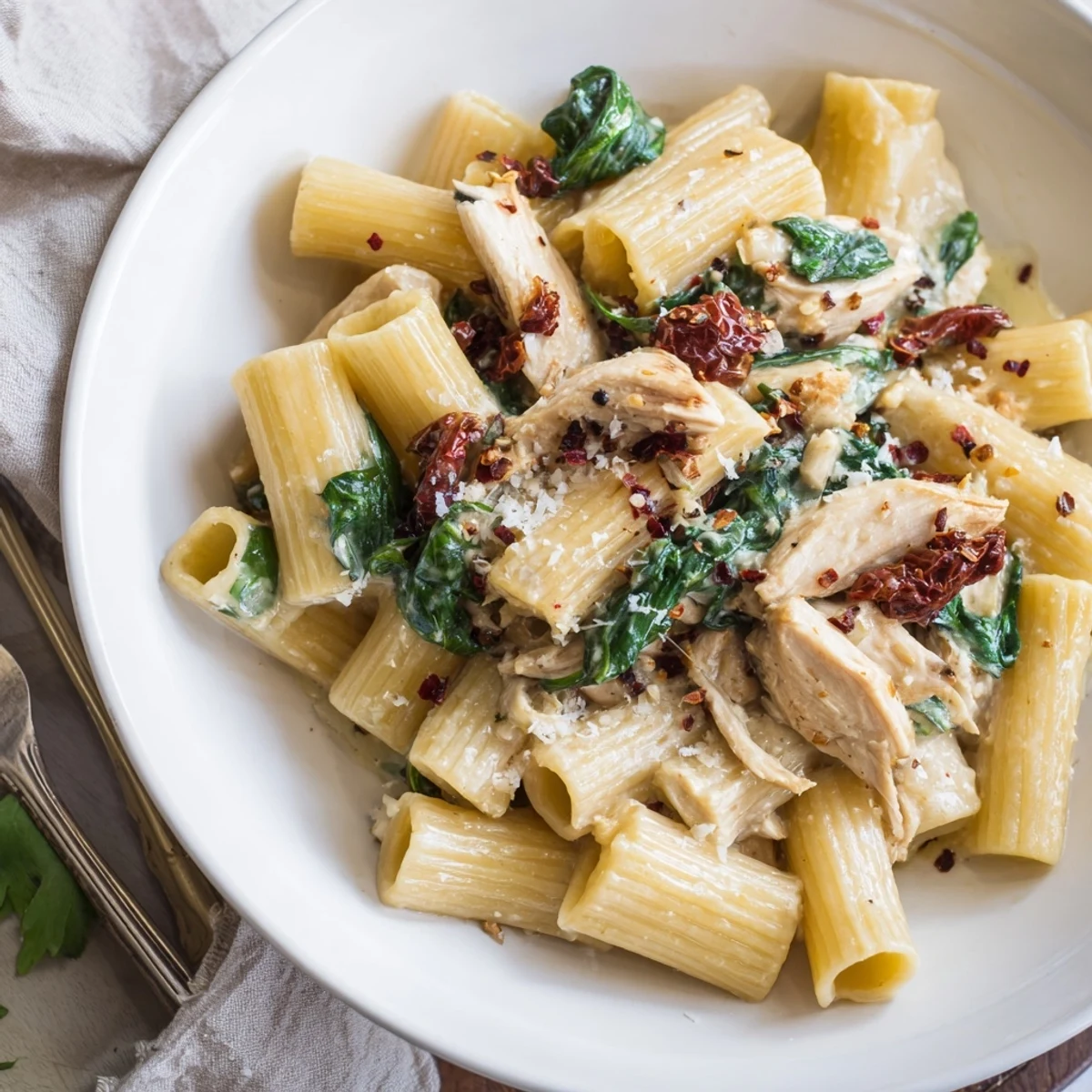 Savory Tuscan chicken pasta dish featuring sun-dried tomatoes and wilted spinach leaves.